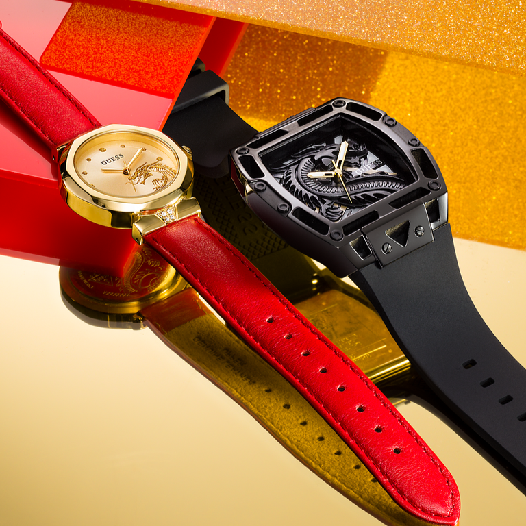 Guess Trend Dragon Gold Dial Red Leather Strap Watch For Women - GW0646L1