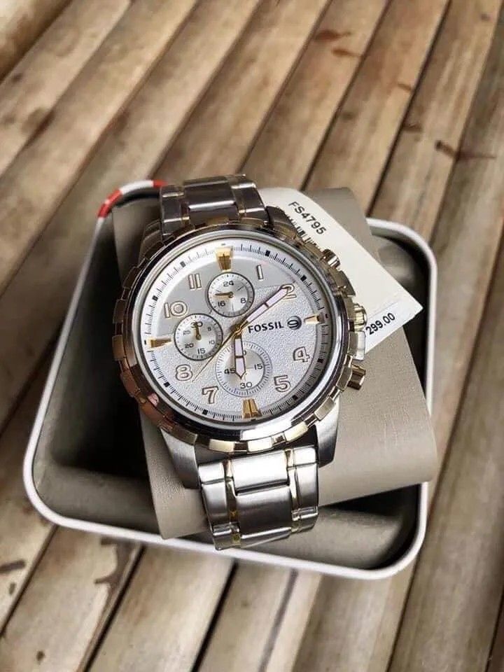 Fossil Dean Chronograph White Dial Silver Steel Strap Watch for Men - FS4795