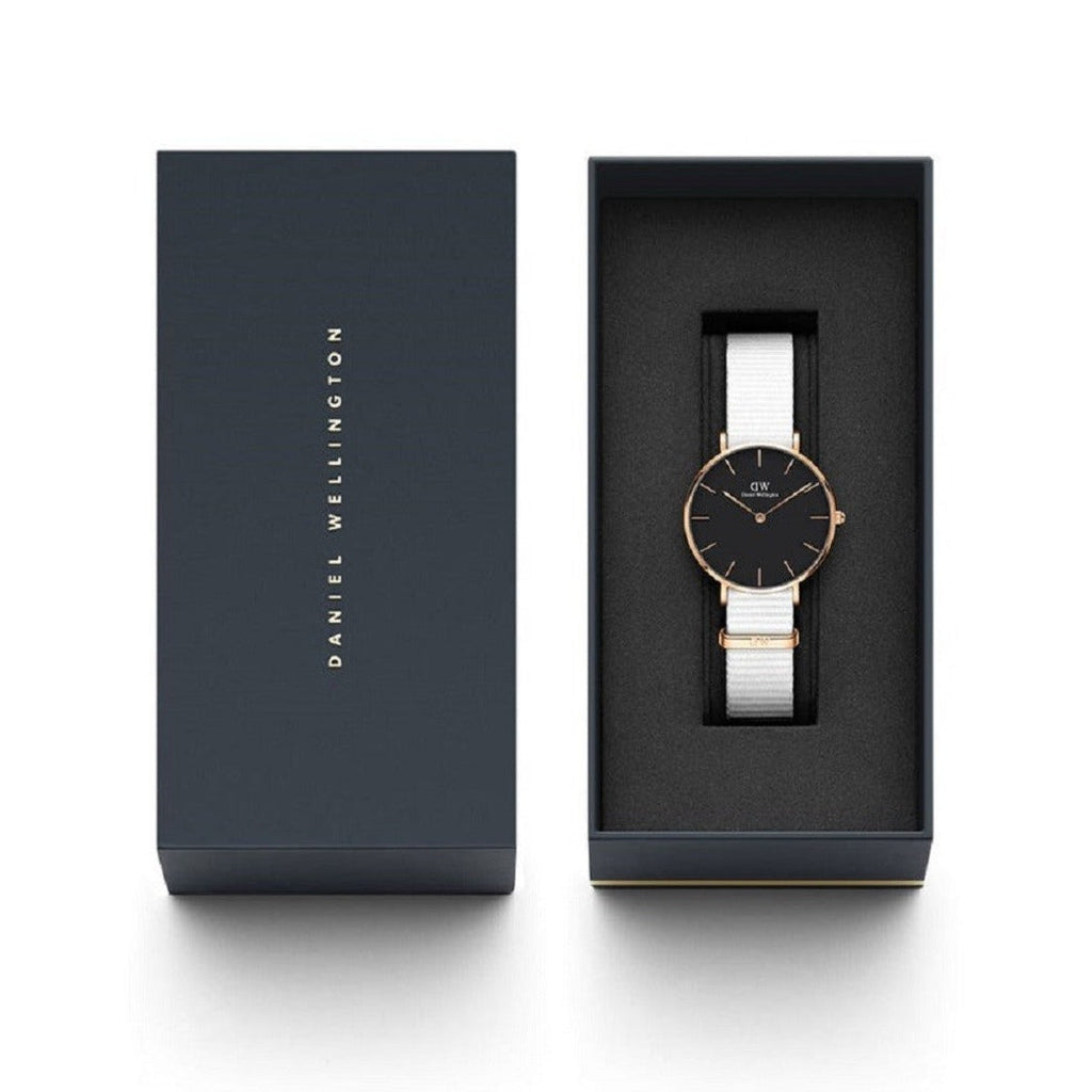 Daniel Wellington Classic Petit Dover Black Dial White NATO Strap Watch For Women - DW001000312