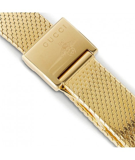 Gucci G Frame Quartz Diamonds White Red Blue Dial Gold Mesh Bracelet Watch For Women - YA147511