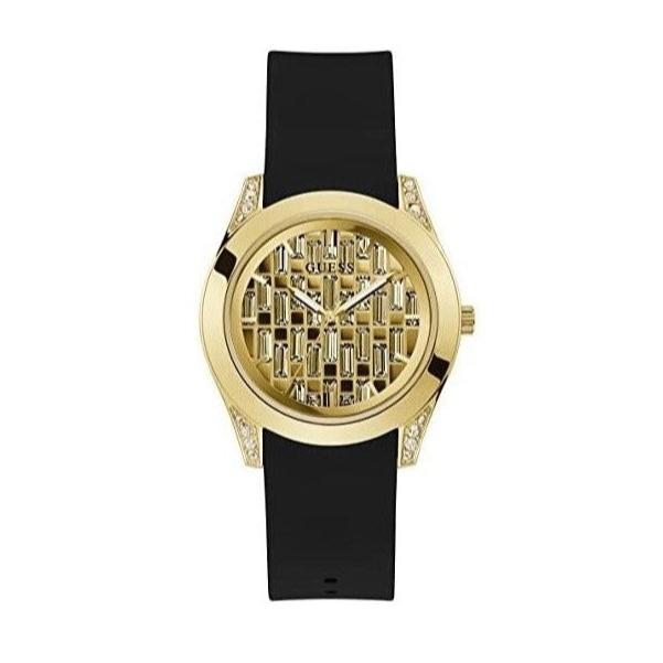 Guess Clarity Gold Dial Black Silicone Strap Watch for Women - GW0109L1