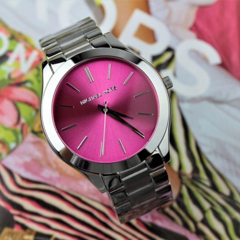 Michael Kors Slim Runway Quartz Pink Dial Silver Steel Strap Watch For Women - MK3291
