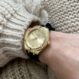 Guess Cosmo Diamonds Gold Dial Black Rubber Strap Watch for Women - GW0034L1