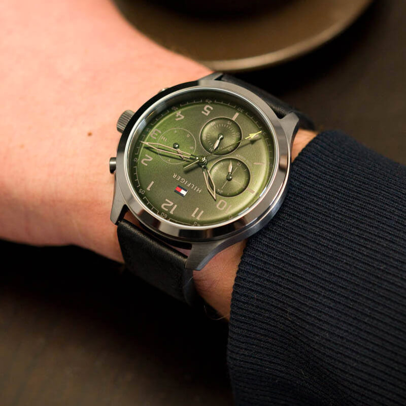 Tommy Hilfiger Asher Chronograph Green Dial Black Leather Strap Watch For Men - 1791856