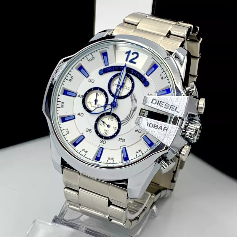 Diesel Mega Chief Chronograph Silver Dial Silver Steel Strap Watch For Men - DZ4477