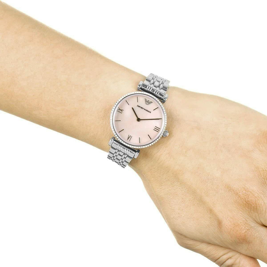 Emporio Armani Gianni T Bar Pink Mother of Pearl Dial Silver Steel Strap Watch For Women - AR1779