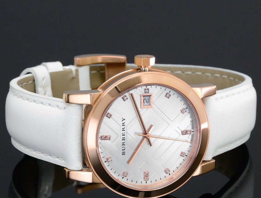 Burberry The City Diamonds White Dial White Leather Strap Watch for Women - BU9130
