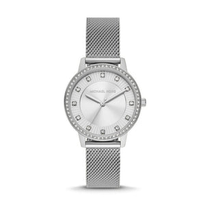 Michael Kors Quartz Crystals White Dial Silver Mesh Strap Watch for Women - MKO1013