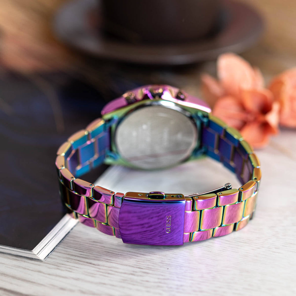 Guess Confetti Chronograph Crystals Multicolor Dial Purple Steel Strap Watch For Women - GW0483L5