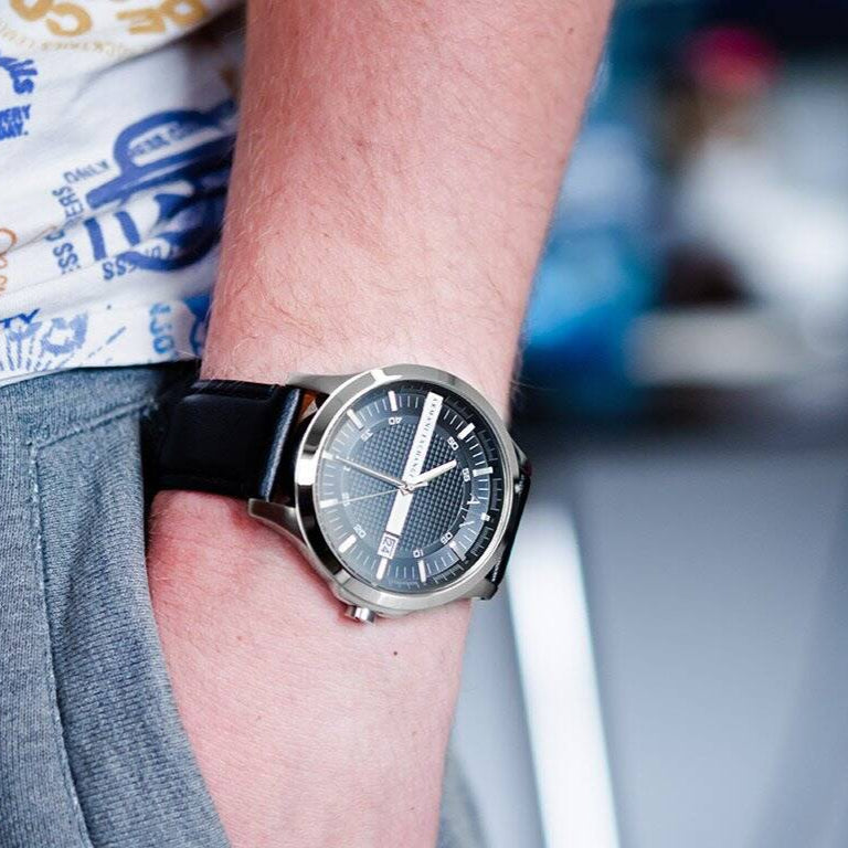 Armani Exchange Hampton Chronograph Black Dial Black Leather Strap Watch For Men - AX2101