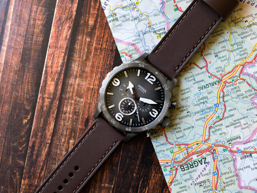 Fossil Nate Chronograph Grey Dial Brown Leather Strap Watch for Men - JR1424