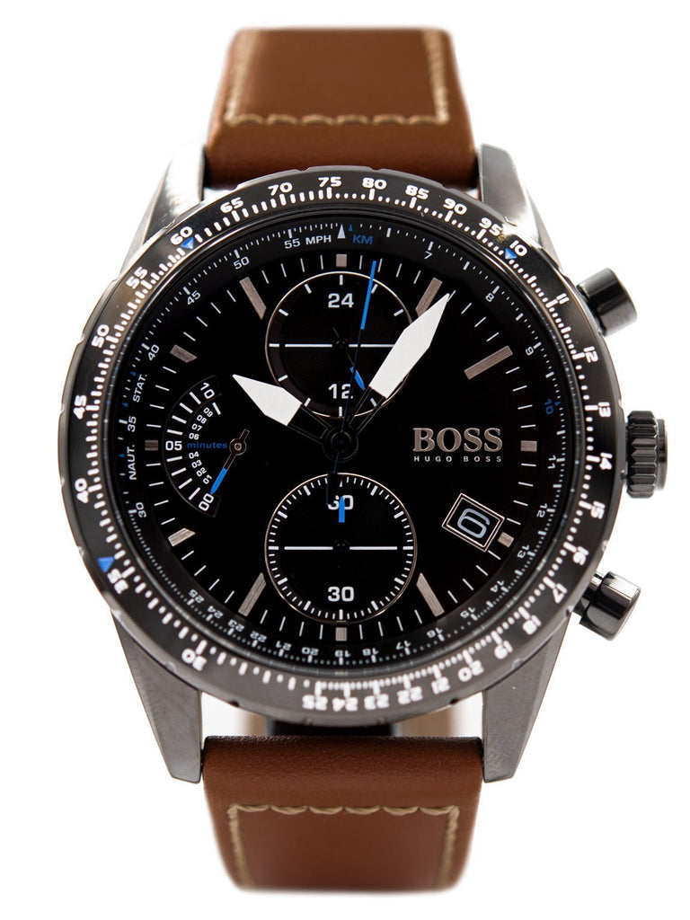 Hugo Boss Pilot Black Dial Brown Leather Strap Watch for Men - 1513851
