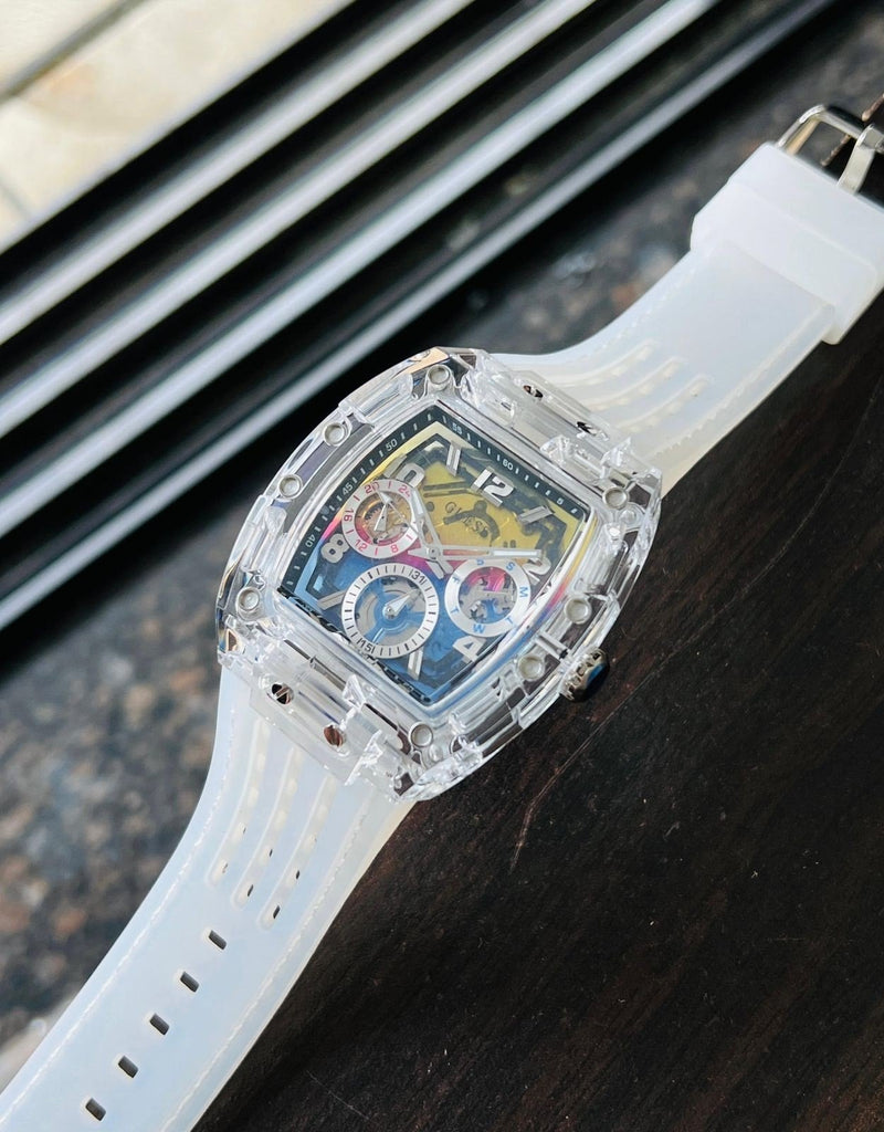 Guess Phoenix Polycarbonate Clear Multi-function Black Dial Clear Rubber Strap Watch for Men - GW0499G3