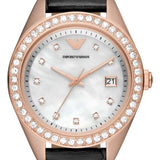 Emporio Armani Cleo Three-Hand Mother of Pearl Dial Black Leather Strap Watch For Women - AR11485