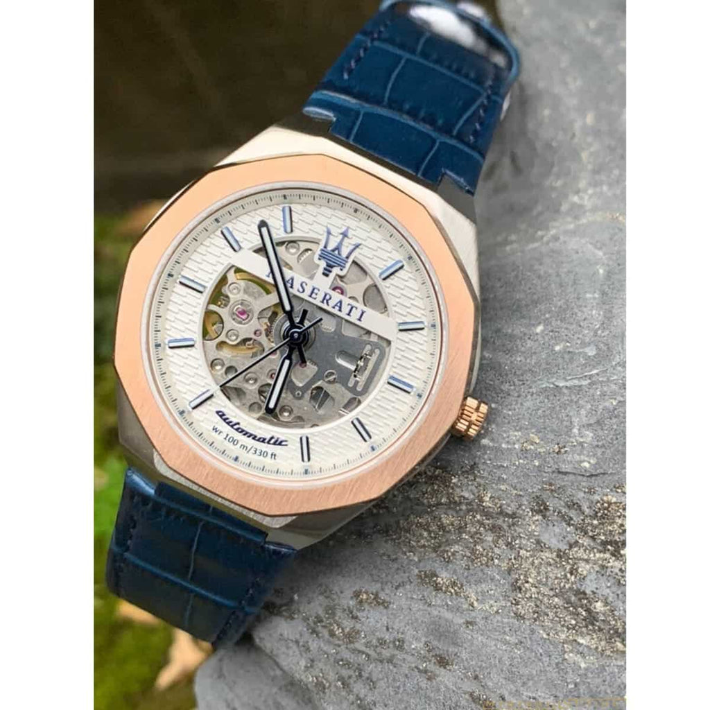 Maserati Stile Automatic Limited Edition White Dial Blue Leather Strap Watch For Men - R8821142001