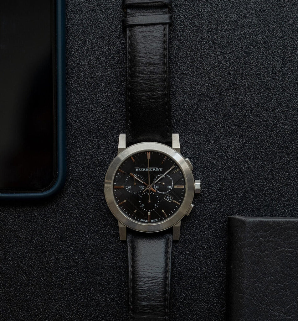 Burberry The City Chronograph Black Dial Black Leather Strap Watch for Men - BU9356