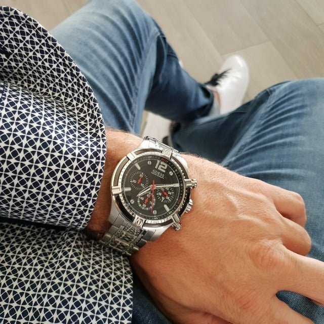 Guess Circuit Chronograph Black Dial Silver Steel Strap Watch For Men - W0968G1