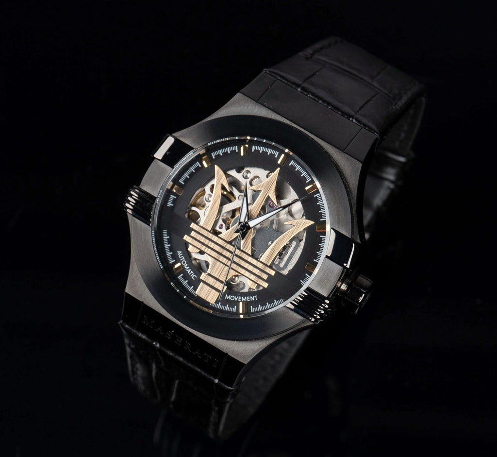 Maserati Potenza Automatic Black Dial Black Leather Strap Watch For Men - R8821108036