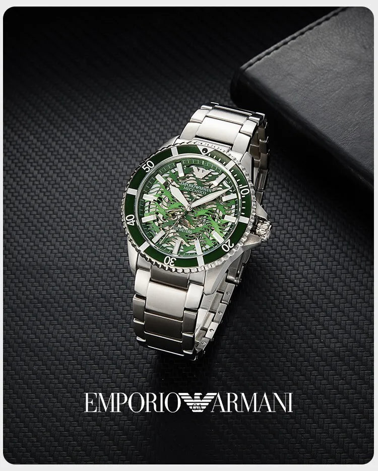 Emporio Armani Diver Automatic Green Dial Silver Steel Strap Watch For Men - AR60061