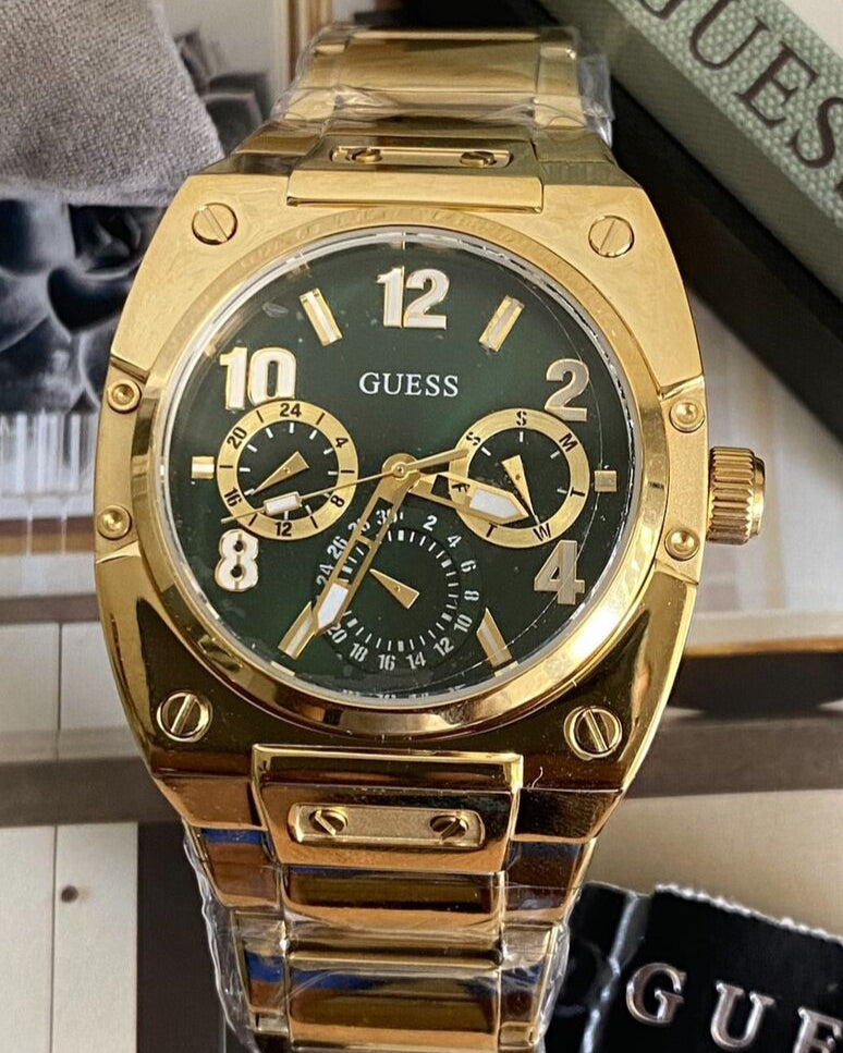 Guess Trend Analog Green Dial Gold Steel Strap Watch For Men - GW0624G2