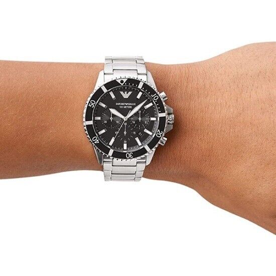 Emporio Armani Diver Chronograph Quartz Black Dial Silver Steel Strap Watch For Men - AR11360