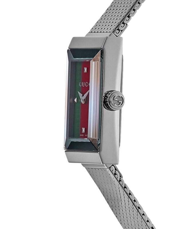 Gucci G Frame Quartz Diamonds Green & Red Mother of Pearl Dial Silver Mesh Bracelet Watch For Women - YA147510