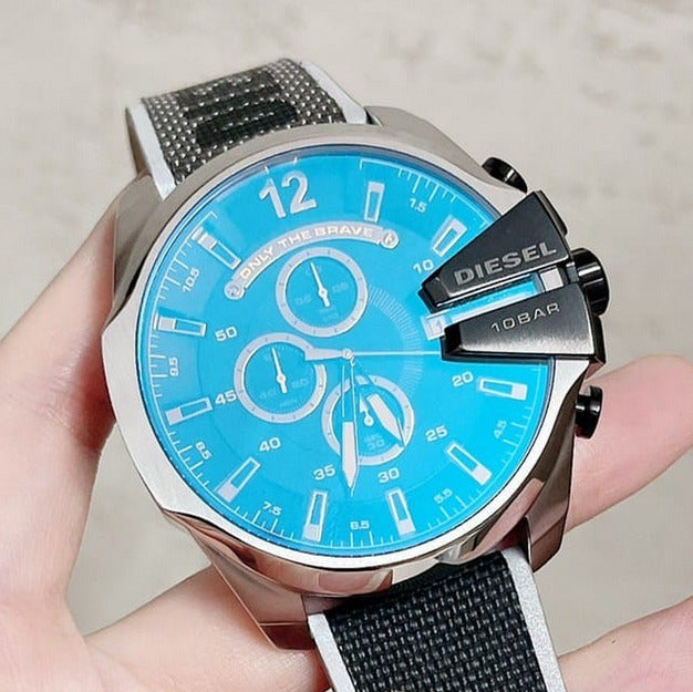 Diesel Mega Chief Chronograph Black Dial Grey Nylon Strap Watch For Men - DZ4523