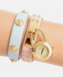 Versace Medusa Lock Icon Quartz Gold Dial Pink & Blue Leather Strap Watch For Women - VEDW00219