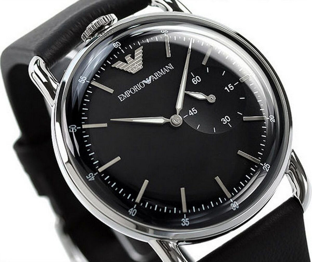 Emporio Armani Aviator Quartz Black Dial Black Leather Strap Watch For Men - AR11336