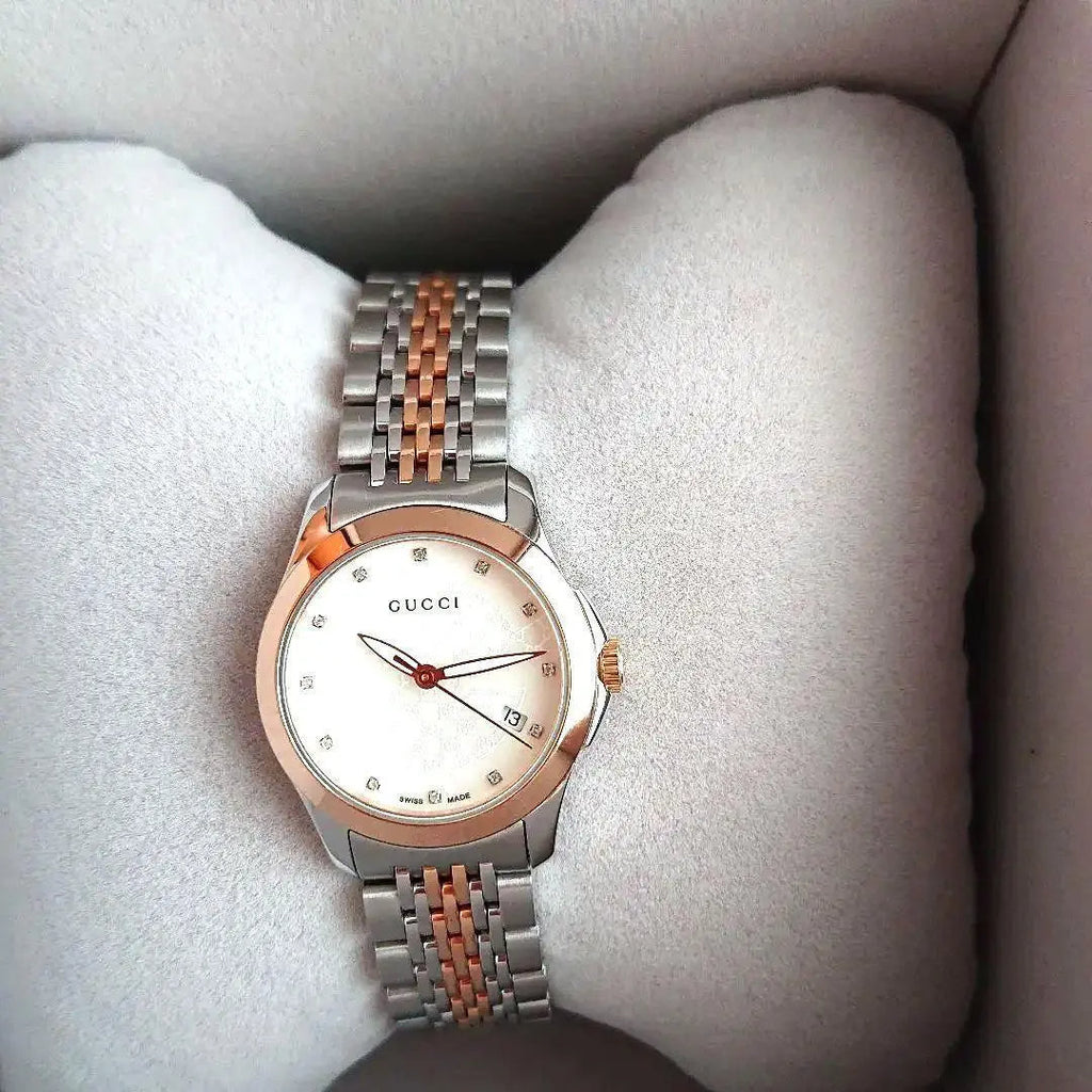 Gucci G Timeless Diamonds Mother of Pearl Dial Two Tone Mesh Bracelet Watch For Women - YA126514