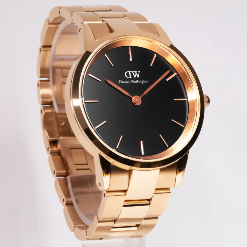 Daniel Wellington Iconic Link Black Dial Rose Gold Steel Strap Watch For Men - DW00100344