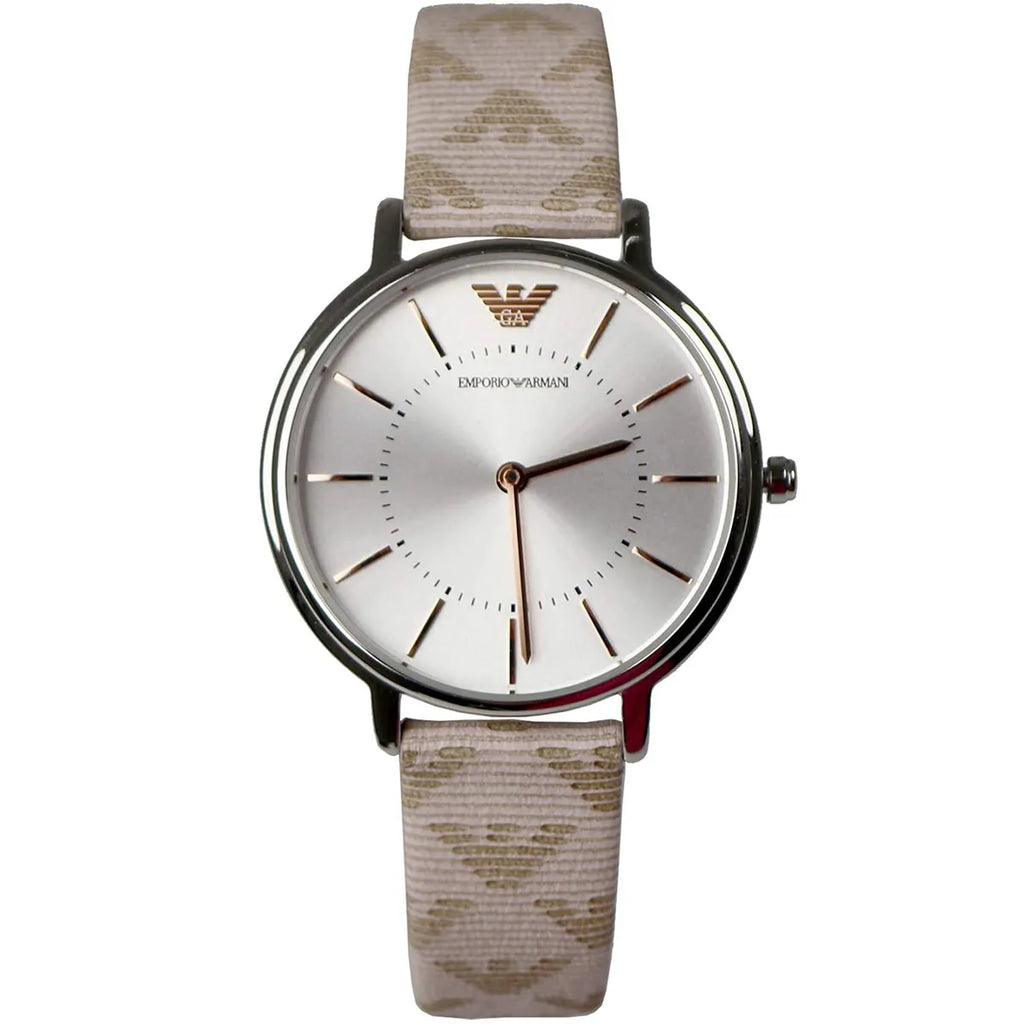 Emporio Armani Gianni T Bar Quartz Silver Dial Beige Leather Strap Watch For Women - AR80007