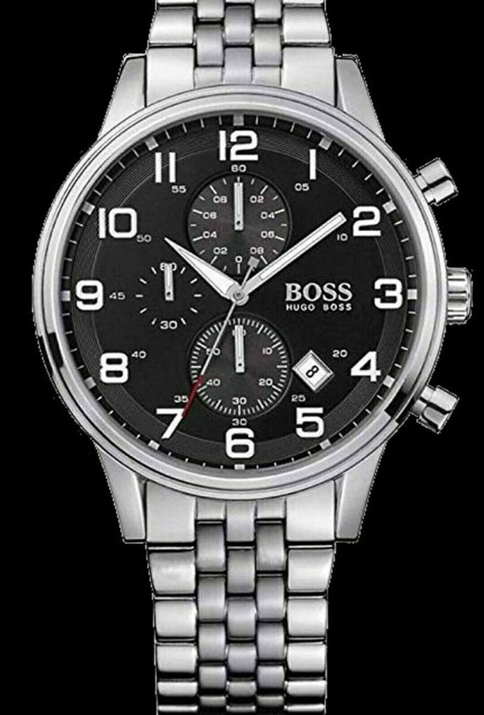 Hugo Boss Aeroliner Chronograph Quartz Black Dial Silver Steel Strap Watch For Men - HB1512446