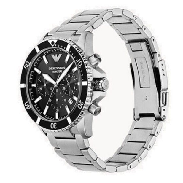 Emporio Armani Diver Chronograph Quartz Black Dial Silver Steel Strap Watch For Men - AR11360