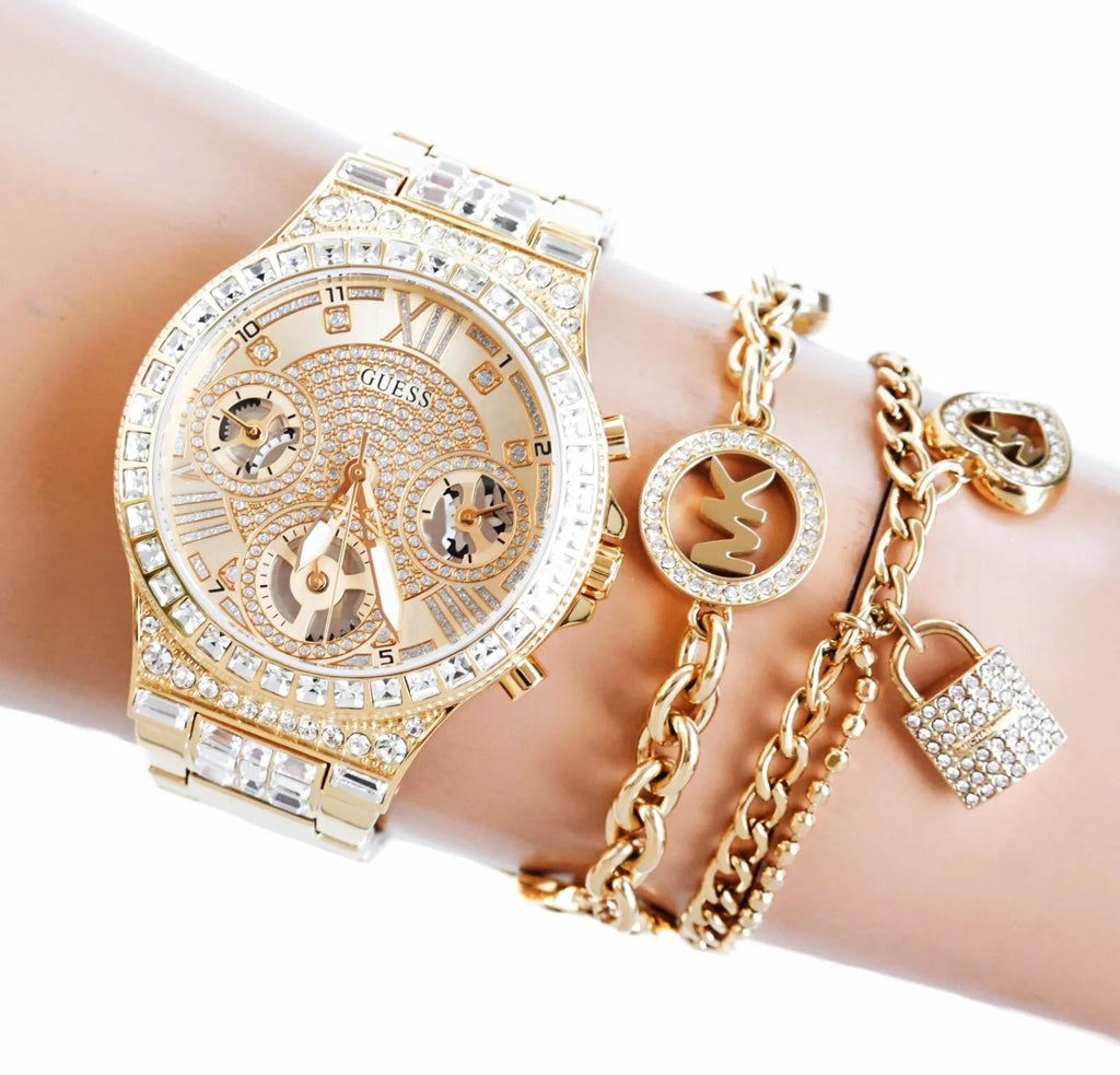 Guess Moonlight Multi Function Diamonds Gold Dial Gold Steel Strap Watch for Women - GW0320L2