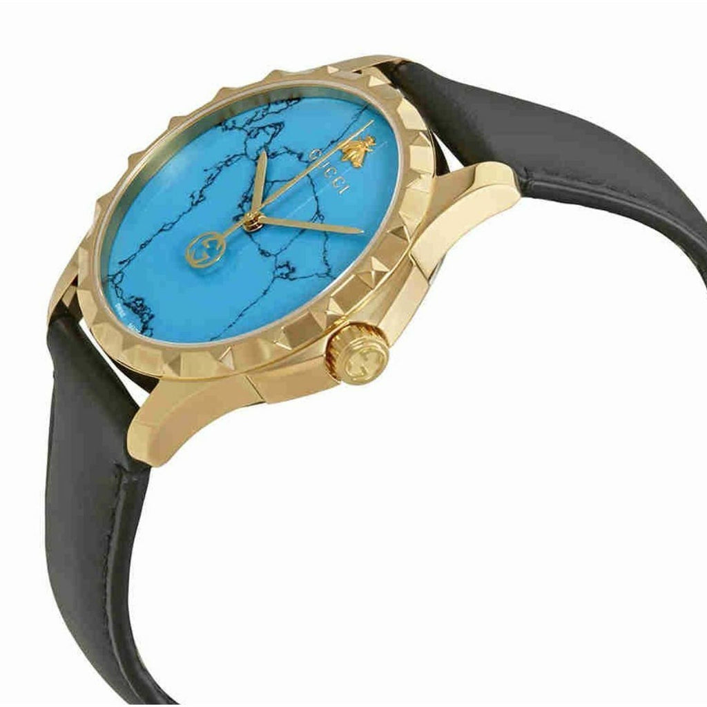 Gucci G Timeless Turquoise Blue Dial Black Leather Strap Watch For Men - YA126462