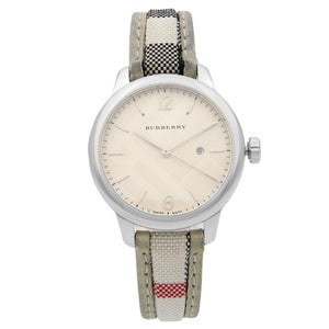 Burberry The Classic Guilloche Silver Dial Grey Leather Strap Watch for Women - BU10113