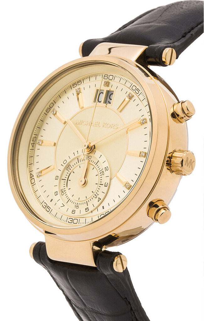 Michael Kors Sawyer Champagne Dial Black Leather Strap Watch for Women - MK2433