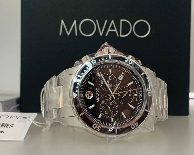 Movado Series 800 Chronograph Black Dial Silver Steel Strap Watch For Men - 2600142
