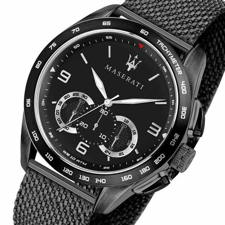 Maserati Traguardo Chronograph Black Dial Black Mesh Bracelet Watch For Men - R8873612031
