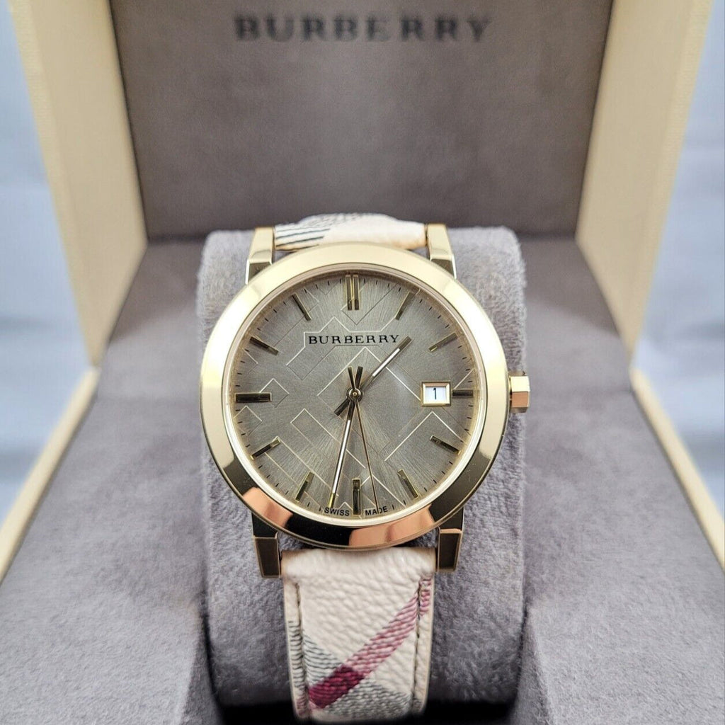 Burberry The City Gold Dial Haymarket Brown Leather Strap Watch for Women - BU9026