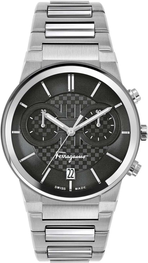 Salvatore Ferragamo Sapphire Chrono Black Dial Silver Steel Strap Watch for Men - SFME00321