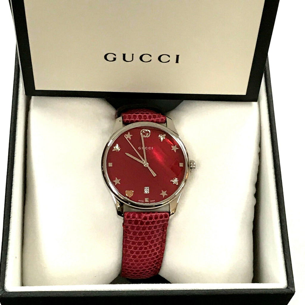 Gucci G-Timeless Mother of Pearl Red Dial Red Leather Strap Watch For Women - YA1264041
