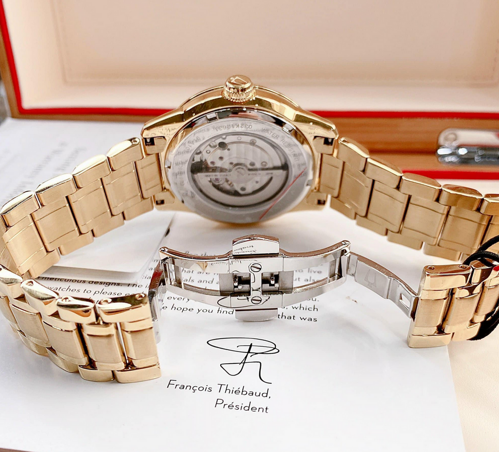 Bulova BVA Skeleton Silver Dial Gold Steel Strap Watch for Men - 97A108