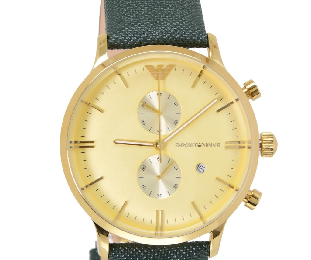 Emporio Armani Chronograph Champagne Dial Green Leather Strap Watch For Men - AR1722