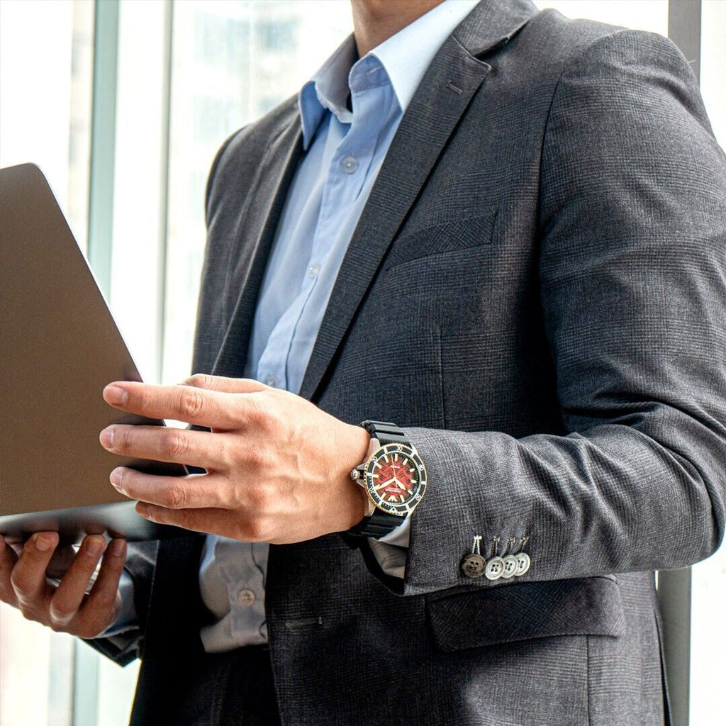 Emporio Armani Meccanico Automatic Red Dial Black Silicon Strap Watch For Men - AR60070