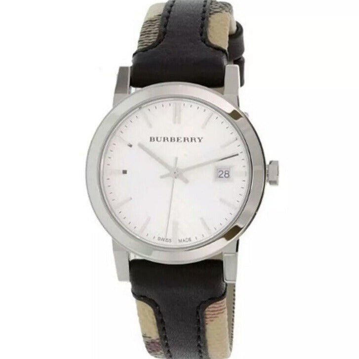 Burberry The City White Dial Black Haymarket Leather Strap Watch for Women - BU9150