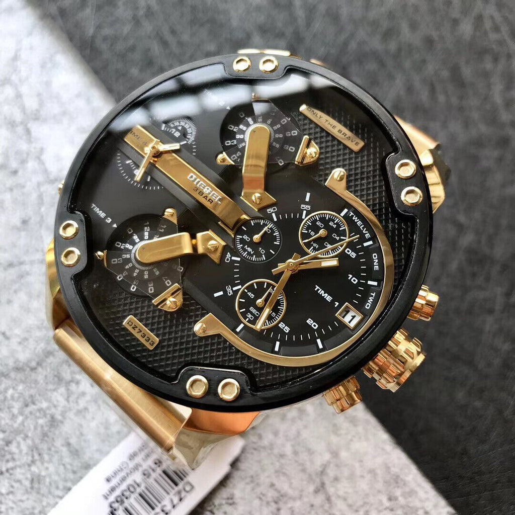 Diesel Mr Daddy 2.0 Chronograph Black Dial Gold Steel Strap Watch For Men - DZ7333