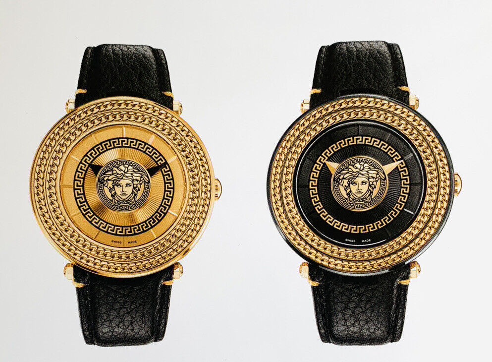 Versace V-Metal Icon Black Dial Black Leather Strap Watch For Men - VQL030015