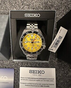 Seiko 5 Sport SKX GMT US Special Creation Automatic Yellow Dial Silver Steel Strap Watch for Men - SSK017K1